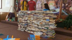 An awesome wall of book donations from East Bend Mennonite Church VBS!